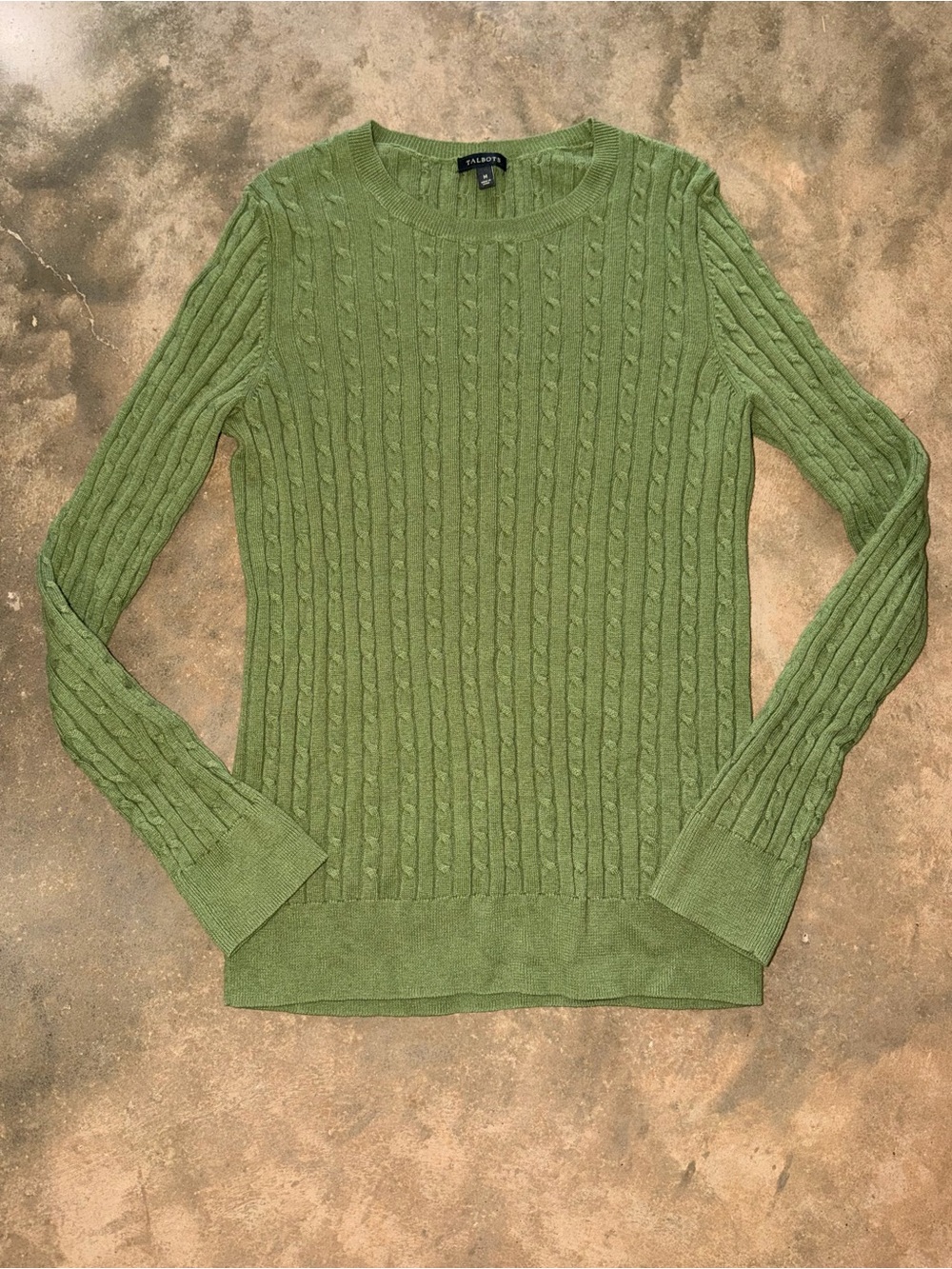 Talbots Cable Knit Sweater Green Wool Blend Crewneck Long Sleeve M Cotton Preppy